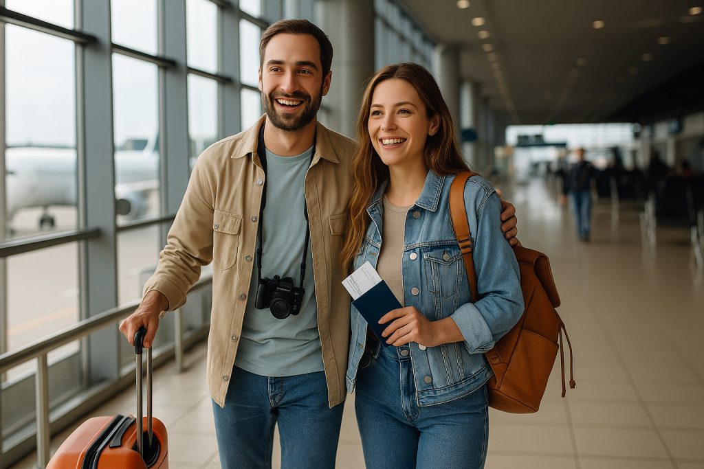 Cuplu fericit în aeroport pregătit de plecare, reprezentând siguranța oferită de o asigurare de călătorie