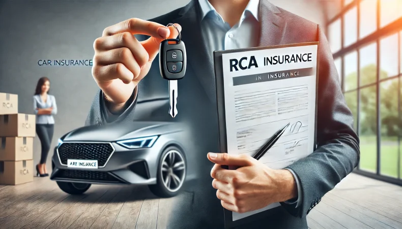 Imagine profesională reprezentând asigurarea RCA – Cheie auto și document de asigurare în prim-plan